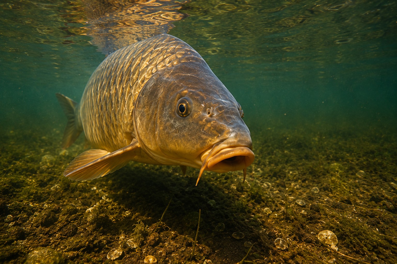 A large common carp gliding through Lake Pochard's clear water