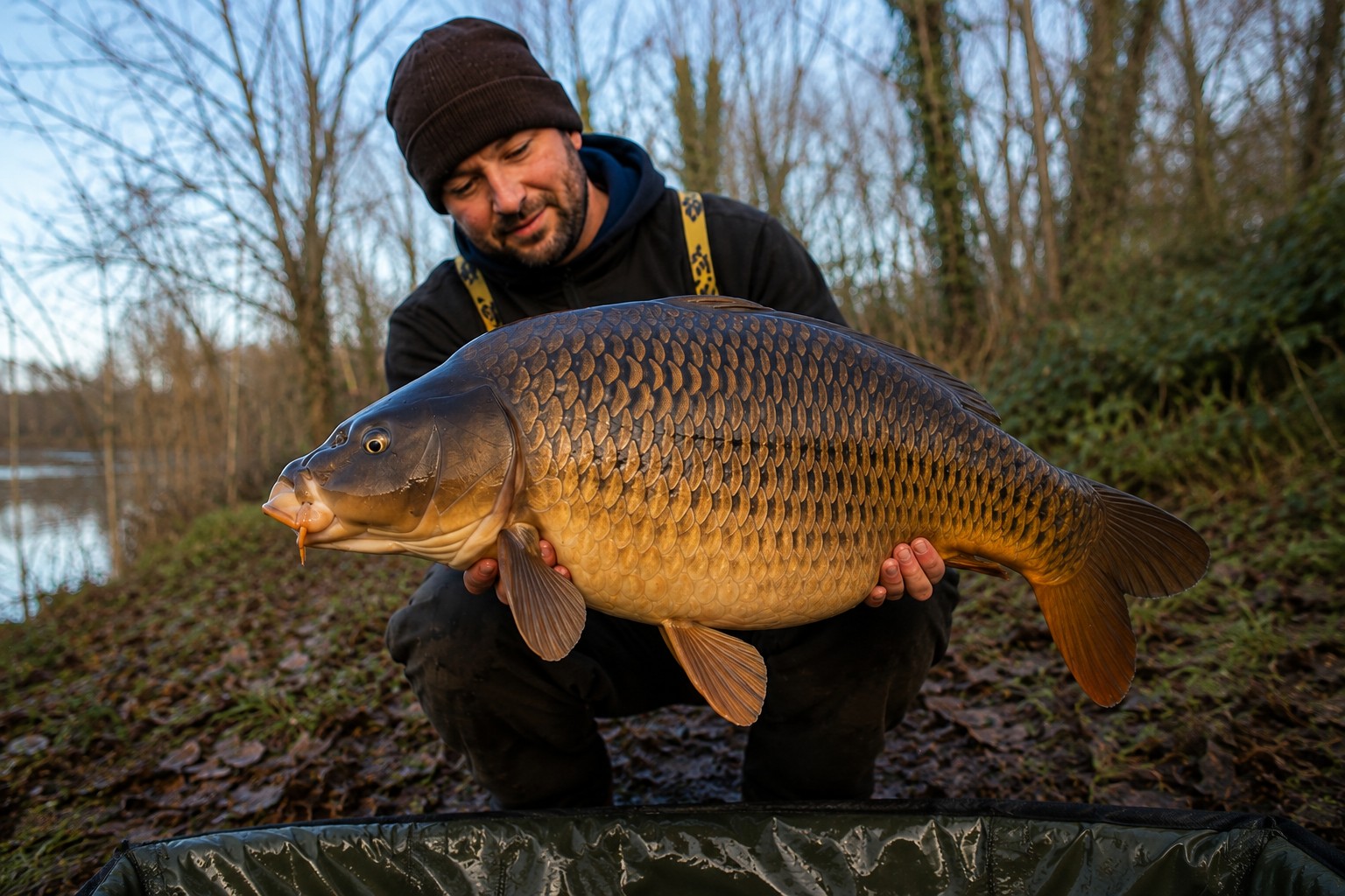 An angler kneeling lakeside cradling a large common carp