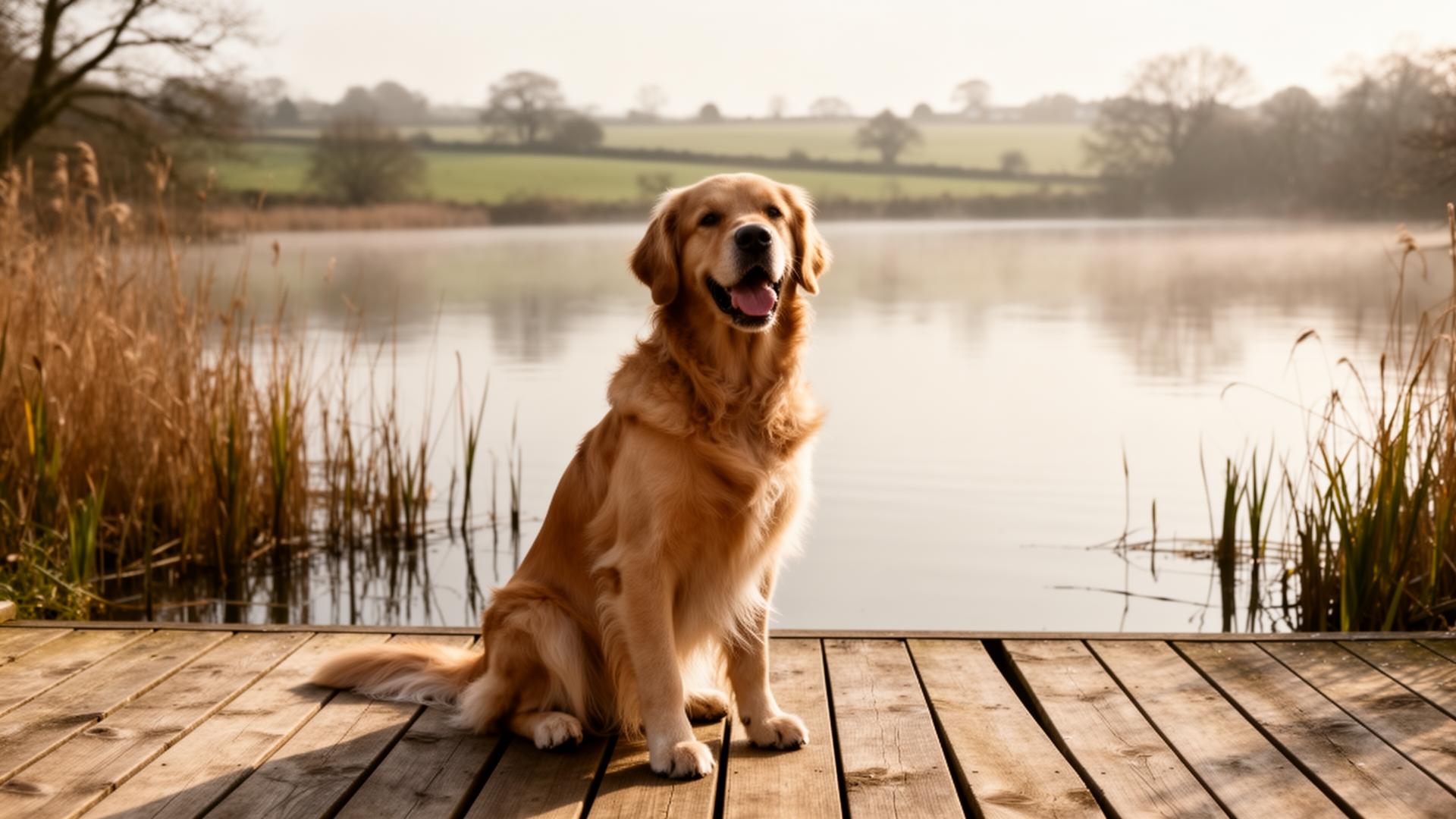 A happy golden retriever sitting on the lakeside decking at Primrose Lodge